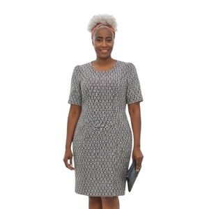 De Collection Navy Cream Textured Knit Sheath Dress Short Sleeve Chic Workwear L